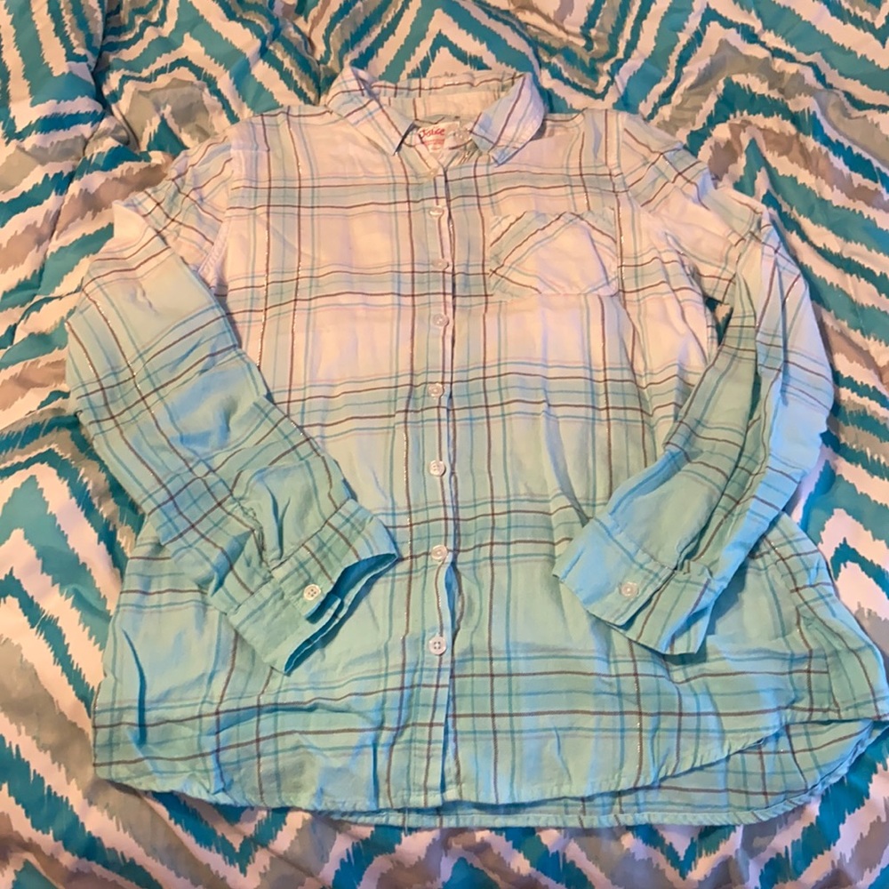 Size 18, Justice Flannel, (blue, white, and pink)